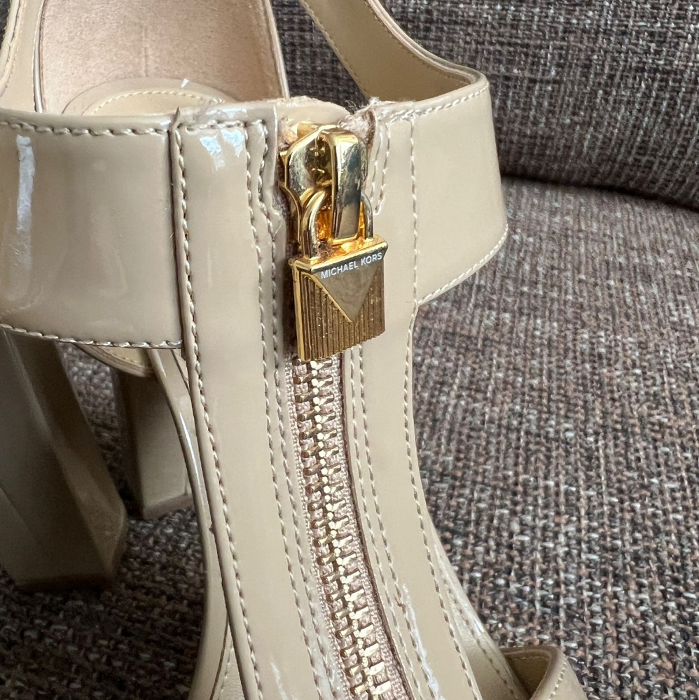 Michael Kors Beige Patent Leather Zip T-Strap Heels - Picture 7 of 9